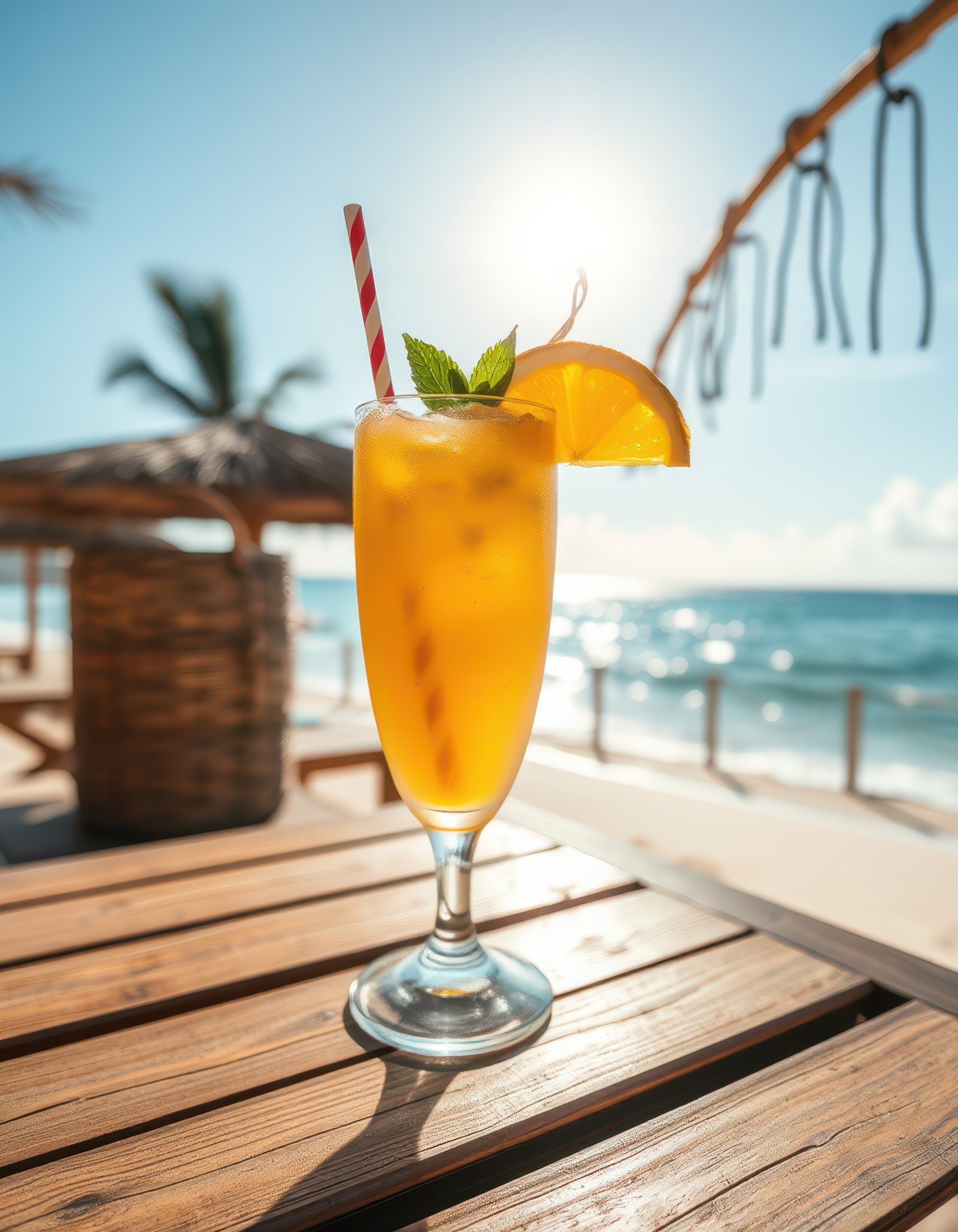 Refreshing cocktail in a sunlit tropical beach setting near the sea